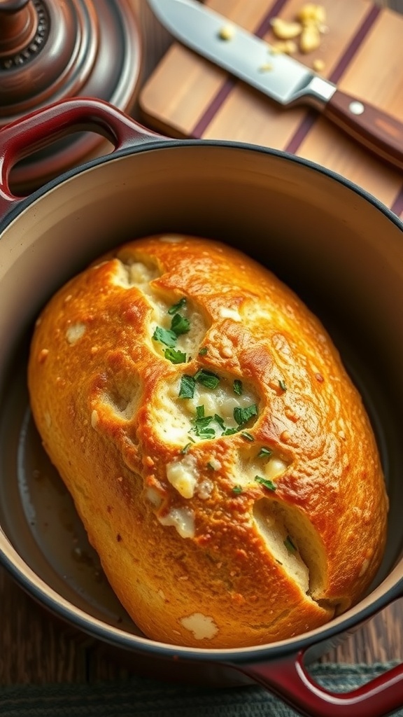 Dutch Oven Garlic Bread Recipe A golden loaf of garlic bread in a Dutch oven, brushed with garlic butter and garnished with parsley.